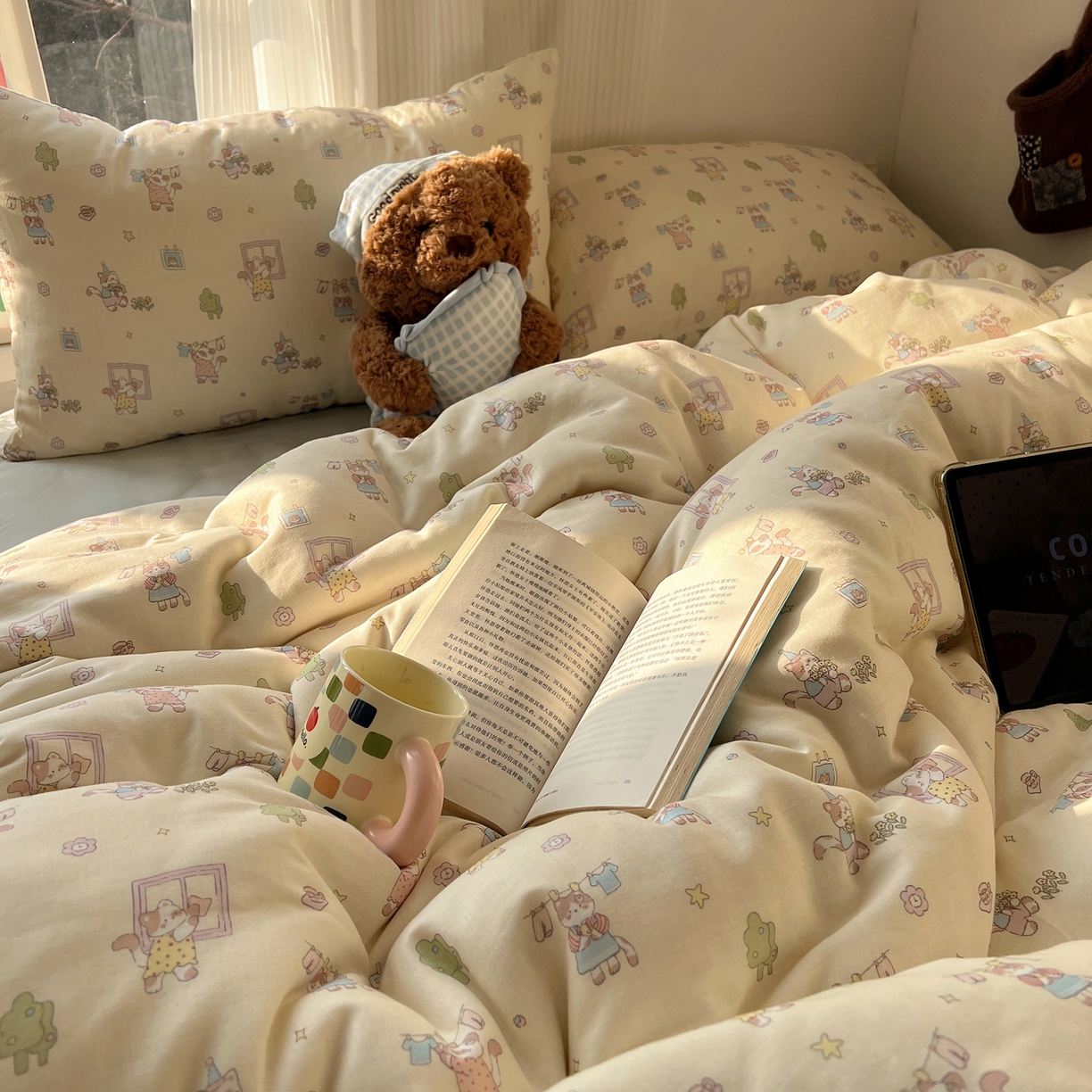 91家纺网 家纺一手货源 找家纺 六巷胡同 2026新款INS博主风卡通A类全棉双层纱四件套 双层纱-达奇家政喵