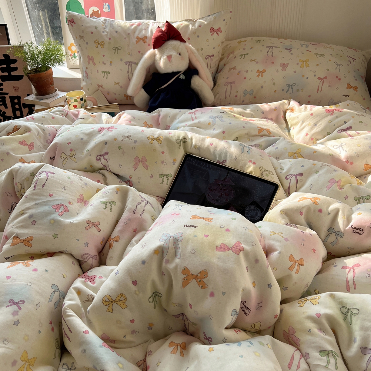 91家纺网 家纺一手货源 找家纺 六巷胡同 2026新款INS博主风卡通A类全棉双层纱四件套 双层纱-元气蝴蝶结