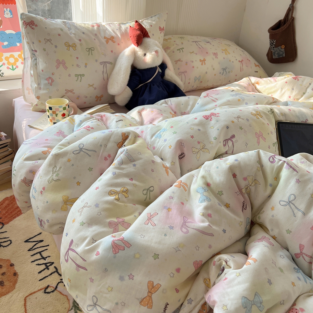 91家纺网 家纺一手货源 找家纺 六巷胡同 2026新款INS博主风卡通A类全棉双层纱四件套 双层纱-元气蝴蝶结