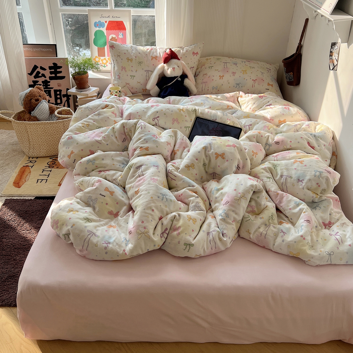 91家纺网 家纺一手货源 找家纺 六巷胡同 2026新款INS博主风卡通A类全棉双层纱四件套 双层纱-元气蝴蝶结