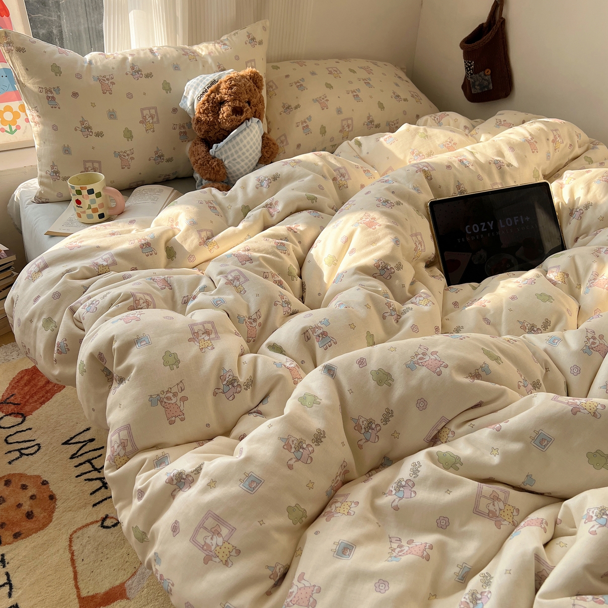 91家纺网 家纺一手货源 找家纺 六巷胡同 2026新款INS博主风卡通A类全棉双层纱四件套 双层纱-达奇家政喵