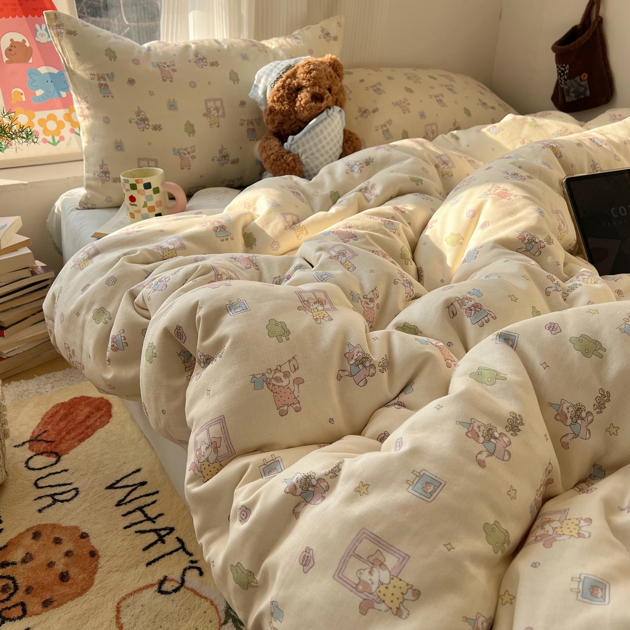 91家纺网 家纺一手货源 找家纺 六巷胡同 2026新款INS博主风卡通A类全棉双层纱四件套 双层纱-达奇家政喵