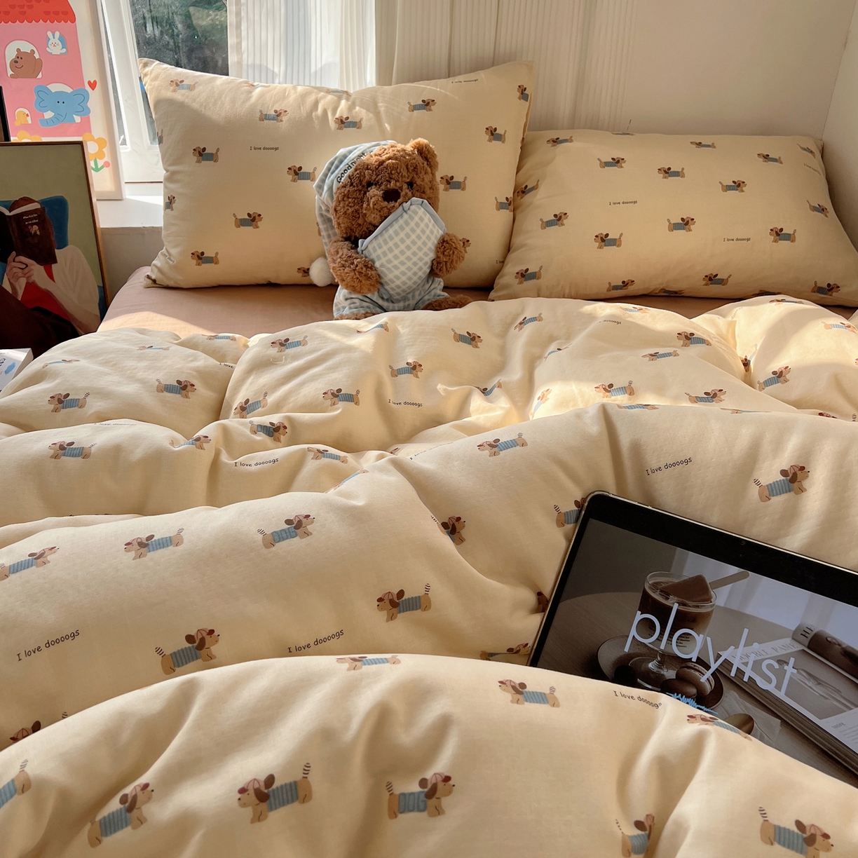 91家纺网 家纺一手货源 找家纺 六巷胡同 2026新款INS博主风卡通A类全棉双层纱四件套 双层纱-贝雷腊肠狗