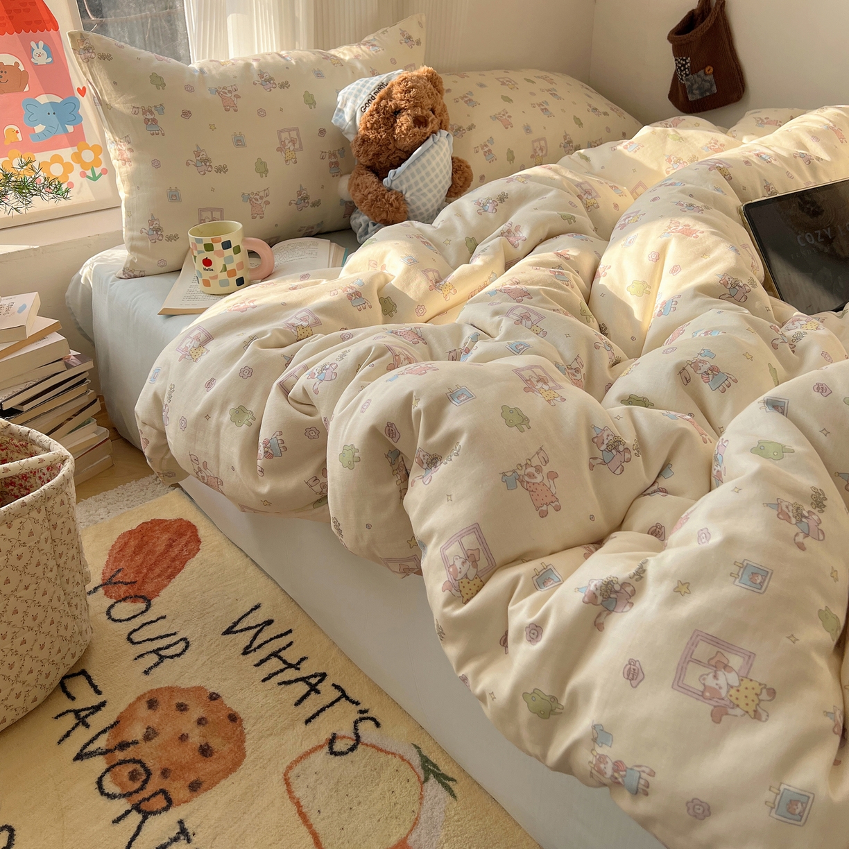 91家纺网 家纺一手货源 找家纺 六巷胡同 2026新款INS博主风卡通A类全棉双层纱四件套 双层纱-达奇家政喵