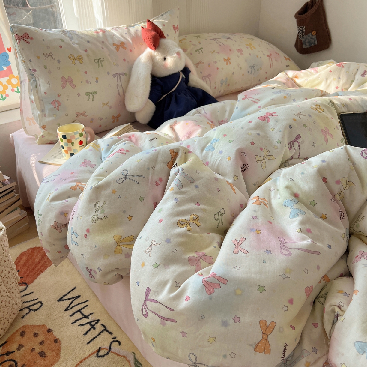 91家纺网 家纺一手货源 找家纺 六巷胡同 2026新款INS博主风卡通A类全棉双层纱四件套 双层纱-元气蝴蝶结