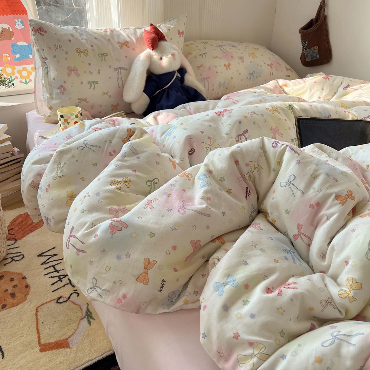 91家纺网 家纺一手货源 找家纺 六巷胡同 2026新款INS博主风卡通A类全棉双层纱四件套 双层纱-元气蝴蝶结