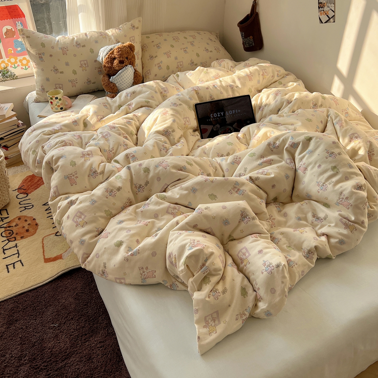 91家纺网 家纺一手货源 找家纺 六巷胡同 2026新款INS博主风卡通A类全棉双层纱四件套 双层纱-达奇家政喵