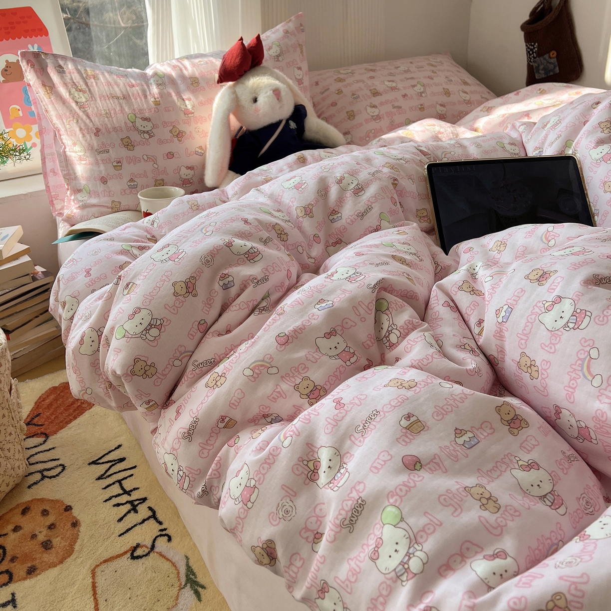 91家纺网 家纺一手货源 找家纺 六巷胡同 2026新款INS博主风卡通A类全棉双层纱四件套 双层纱-甜心童话猫