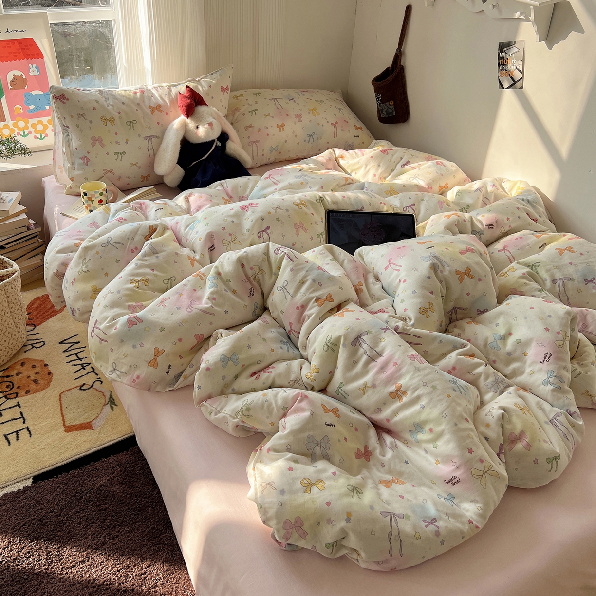 91家纺网 家纺一手货源 找家纺 六巷胡同 2026新款INS博主风卡通A类全棉双层纱四件套 双层纱-元气蝴蝶结