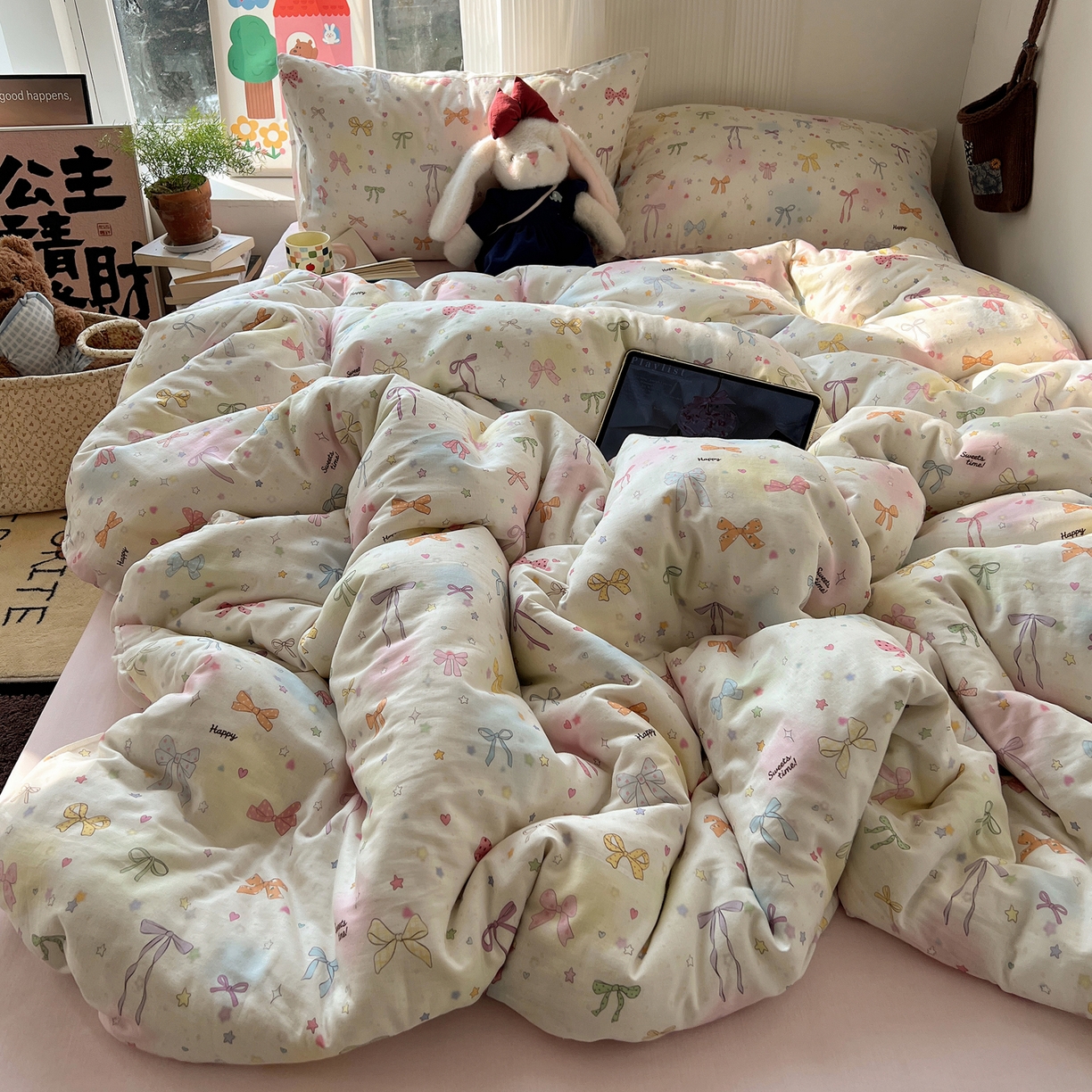 91家纺网 家纺一手货源 找家纺 六巷胡同 2026新款INS博主风卡通A类全棉双层纱四件套 双层纱-元气蝴蝶结