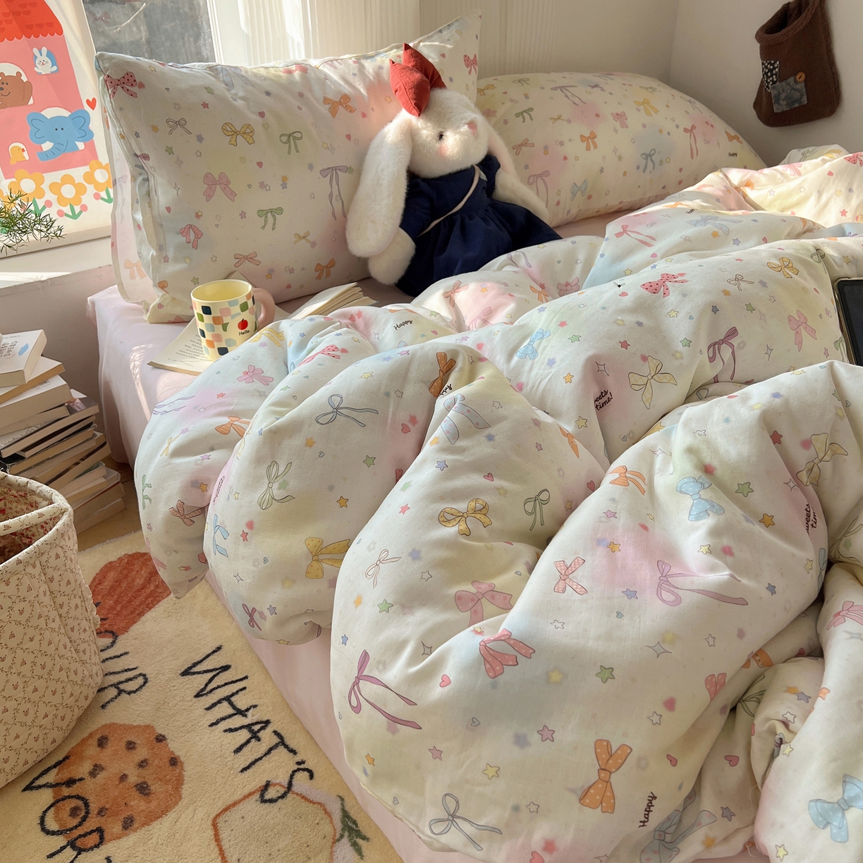 91家纺网 家纺一手货源 找家纺 六巷胡同 2026新款INS博主风卡通A类全棉双层纱四件套 双层纱-元气蝴蝶结