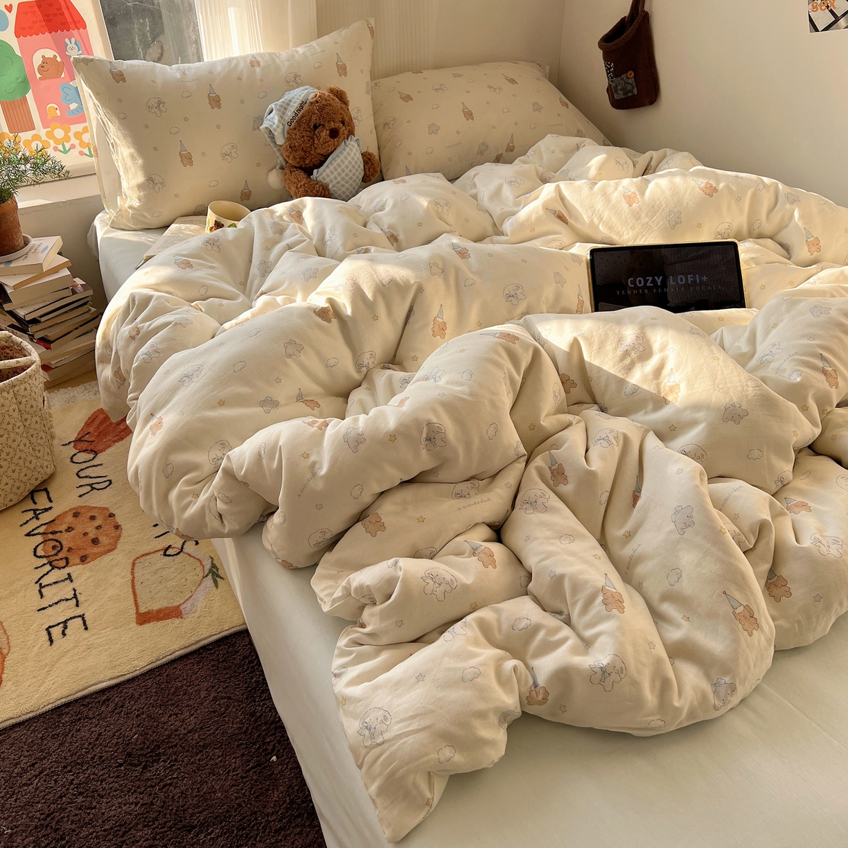 91家纺网 家纺一手货源 找家纺 六巷胡同 2026新款INS博主风卡通A类全棉双层纱四件套 双层纱-云朵苏萨犬