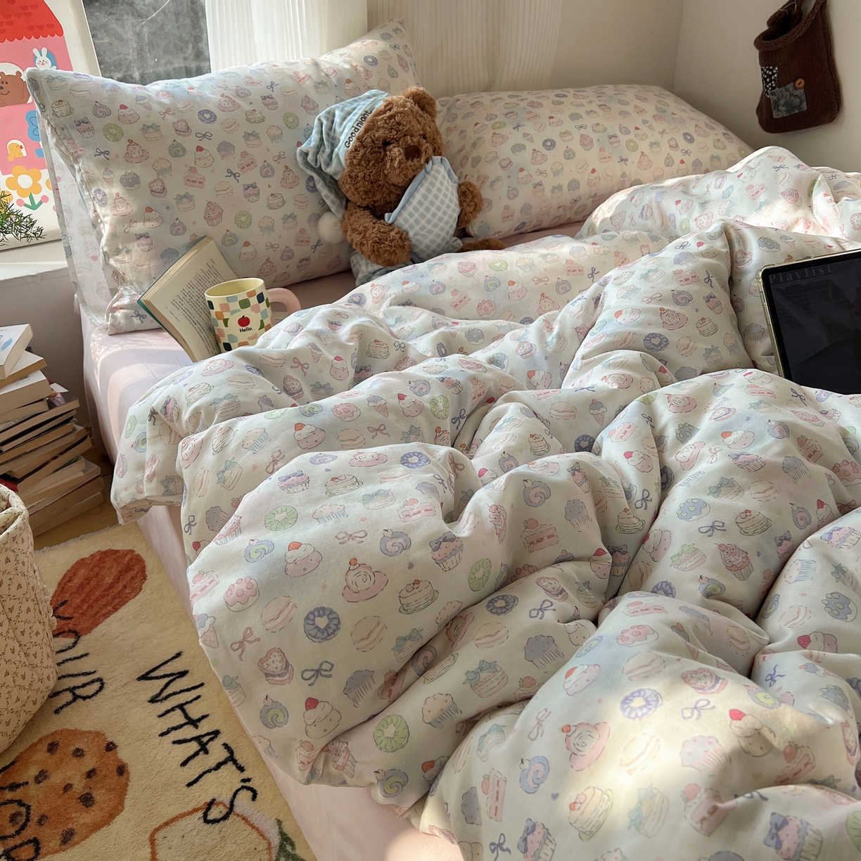 91家纺网 家纺一手货源 找家纺 六巷胡同 2026新款INS博主风卡通A类全棉双层纱四件套 双层纱-马卡龙蛋糕