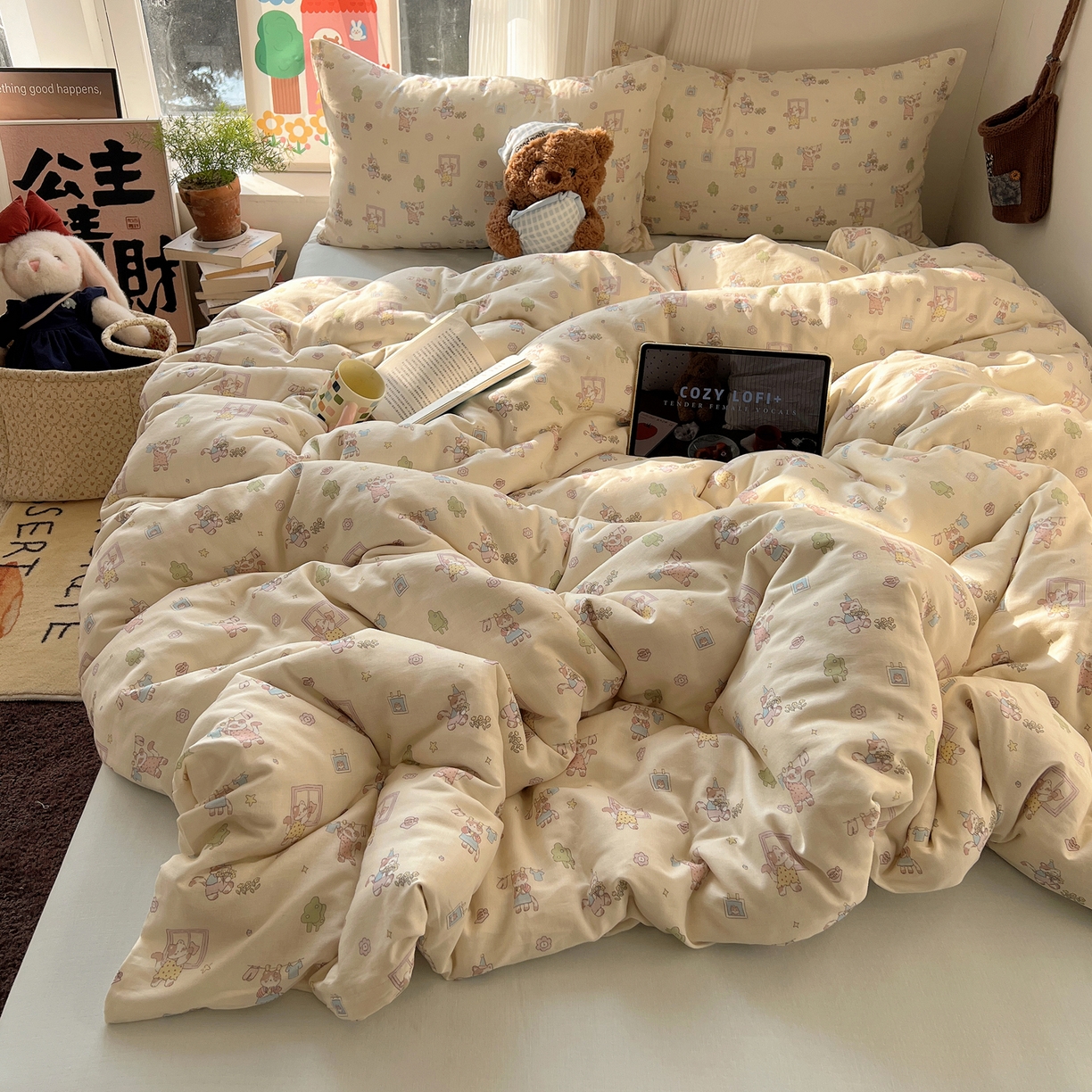 91家纺网 家纺一手货源 找家纺 六巷胡同 2026新款INS博主风卡通A类全棉双层纱四件套 双层纱-达奇家政喵