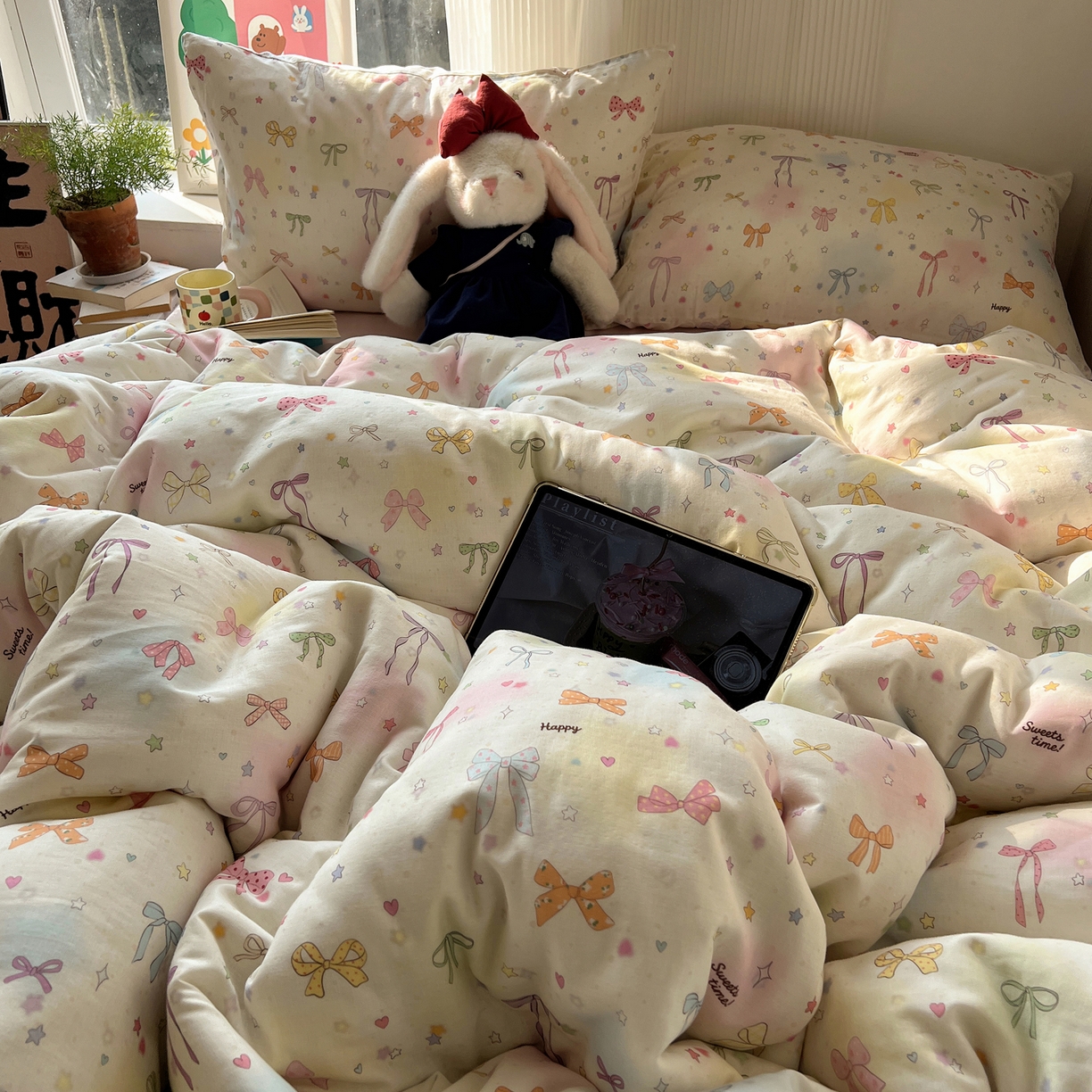 91家纺网 家纺一手货源 找家纺 六巷胡同 2026新款INS博主风卡通A类全棉双层纱四件套 双层纱-元气蝴蝶结