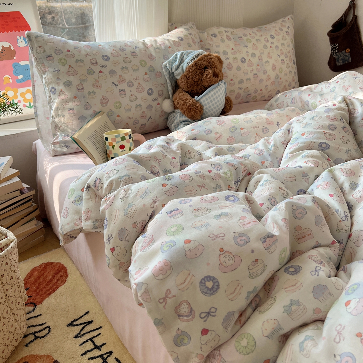 91家纺网 家纺一手货源 找家纺 六巷胡同 2026新款INS博主风卡通A类全棉双层纱四件套 双层纱-马卡龙蛋糕