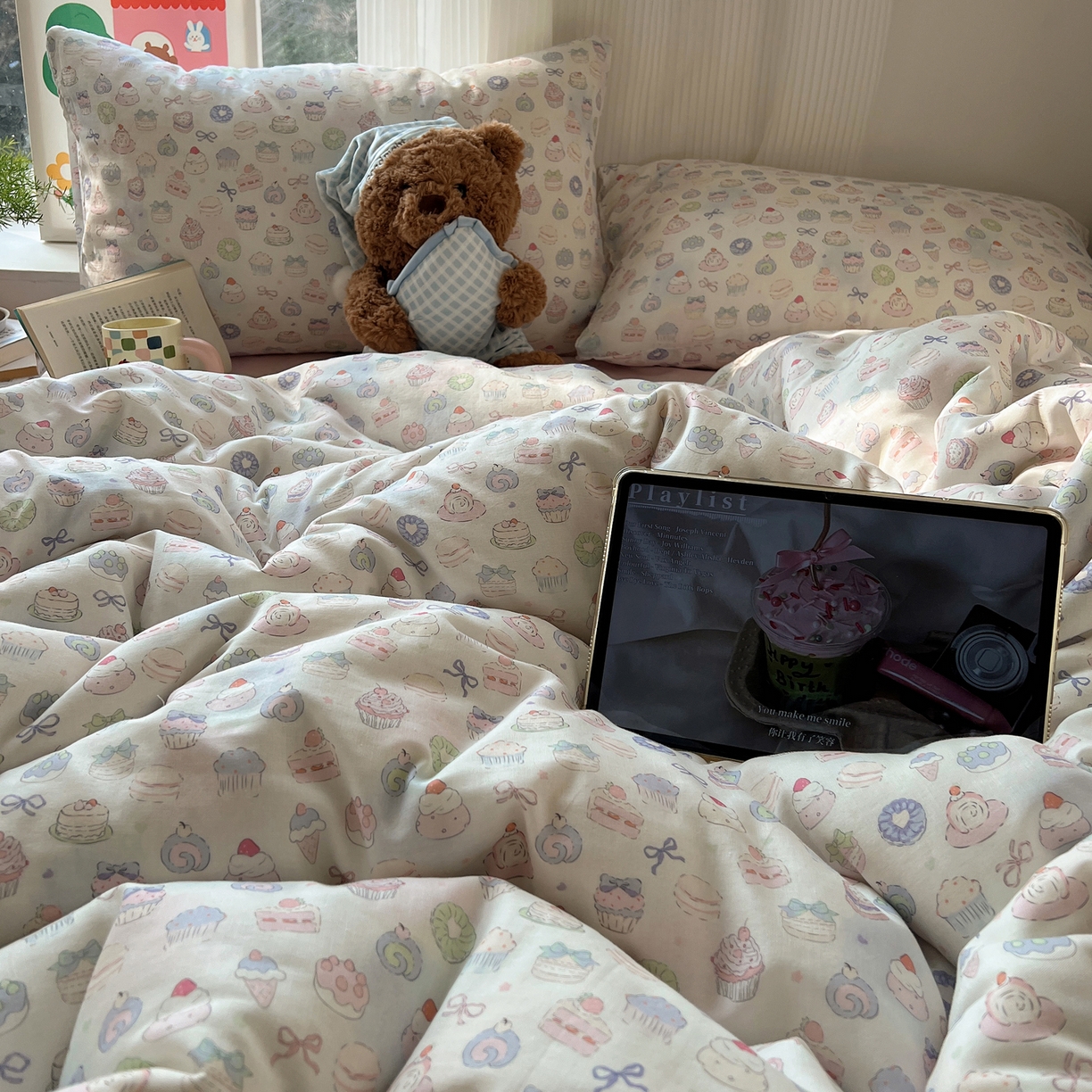 91家纺网 家纺一手货源 找家纺 六巷胡同 2026新款INS博主风卡通A类全棉双层纱四件套 双层纱-马卡龙蛋糕