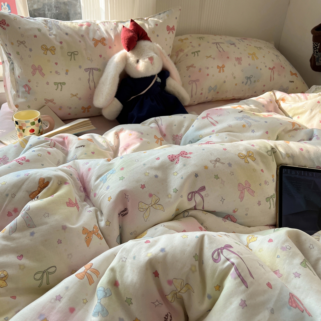 91家纺网 家纺一手货源 找家纺 六巷胡同 2026新款INS博主风卡通A类全棉双层纱四件套 双层纱-元气蝴蝶结