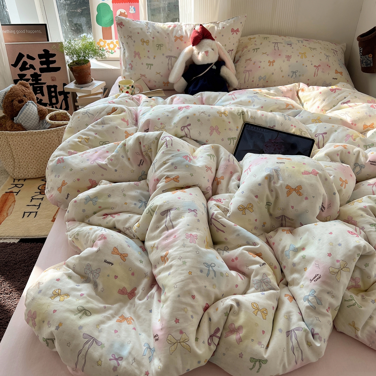 91家纺网 家纺一手货源 找家纺 六巷胡同 2026新款INS博主风卡通A类全棉双层纱四件套 双层纱-元气蝴蝶结