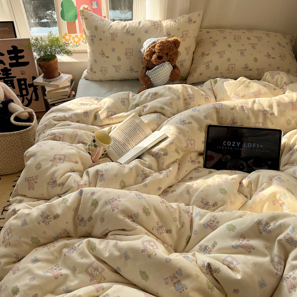 91家纺网 家纺一手货源 找家纺 六巷胡同 2026新款INS博主风卡通A类全棉双层纱四件套 双层纱-达奇家政喵