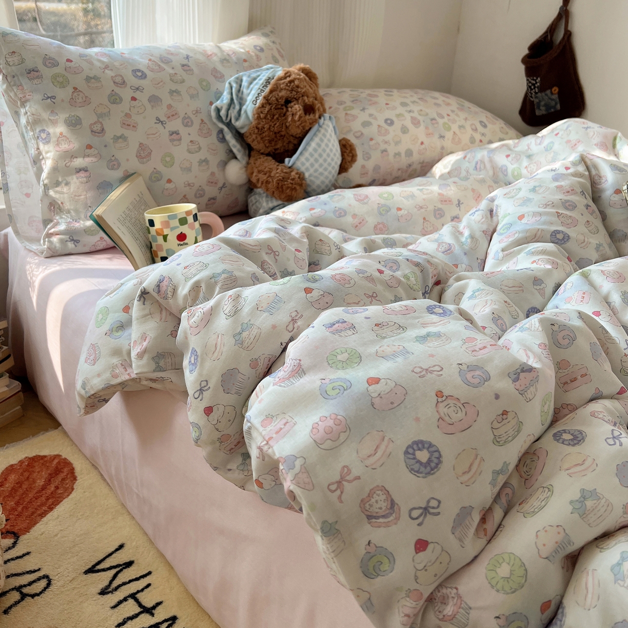 91家纺网 家纺一手货源 找家纺 六巷胡同 2026新款INS博主风卡通A类全棉双层纱四件套 双层纱-马卡龙蛋糕