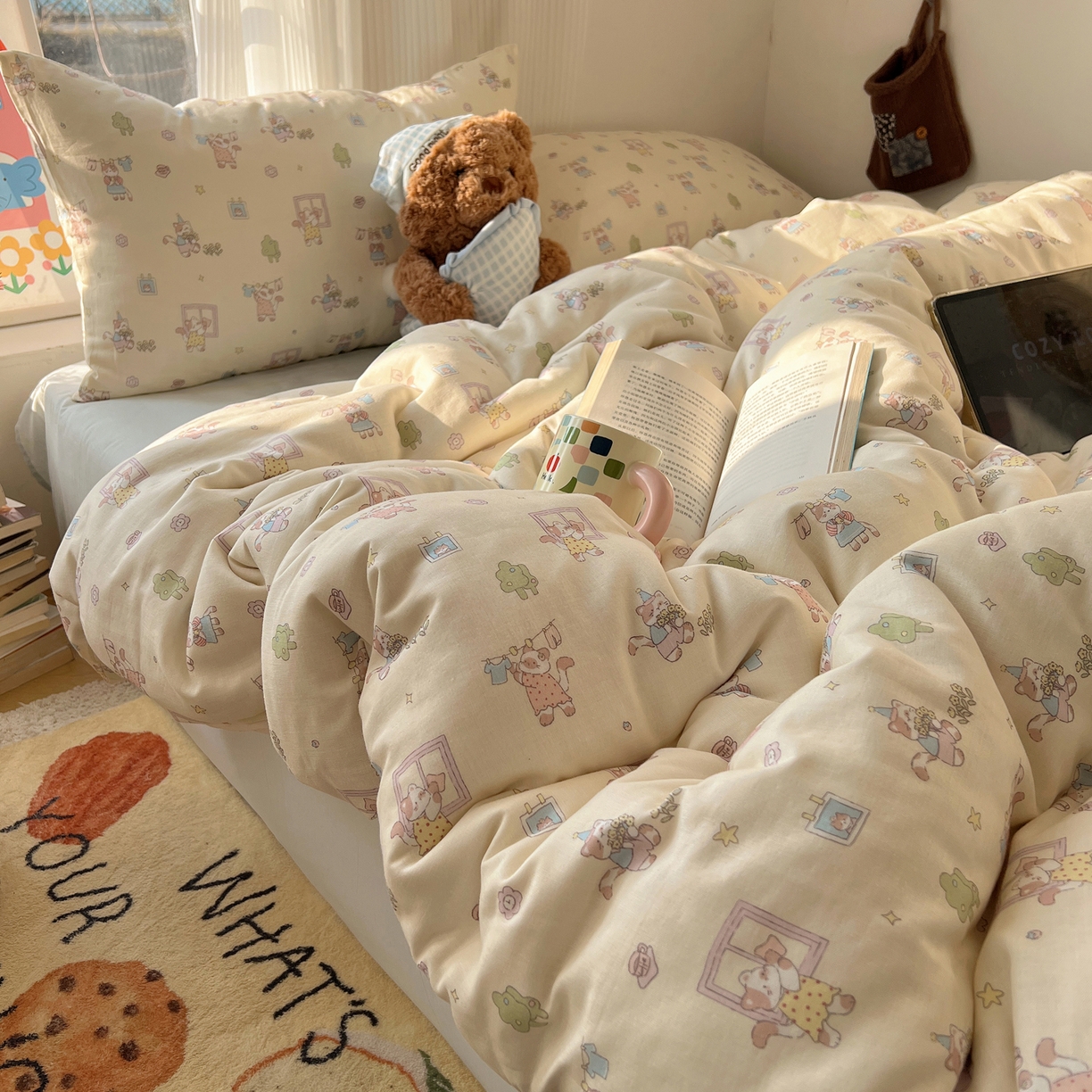 91家纺网 家纺一手货源 找家纺 六巷胡同 2026新款INS博主风卡通A类全棉双层纱四件套 双层纱-达奇家政喵