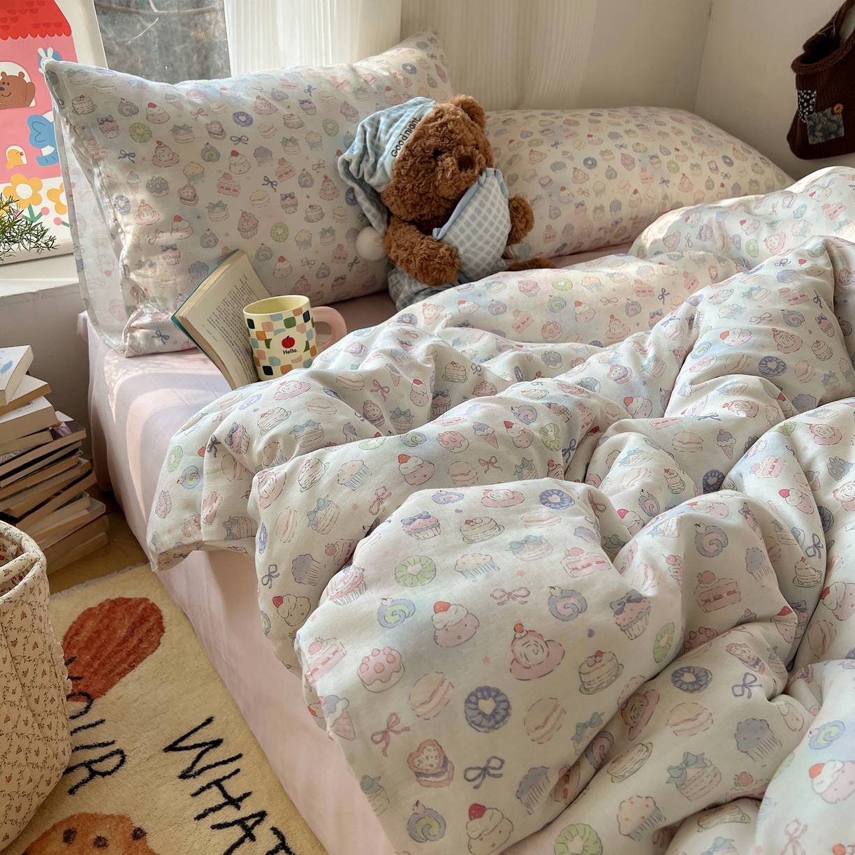 91家纺网 家纺一手货源 找家纺 六巷胡同 2026新款INS博主风卡通A类全棉双层纱四件套 双层纱-马卡龙蛋糕