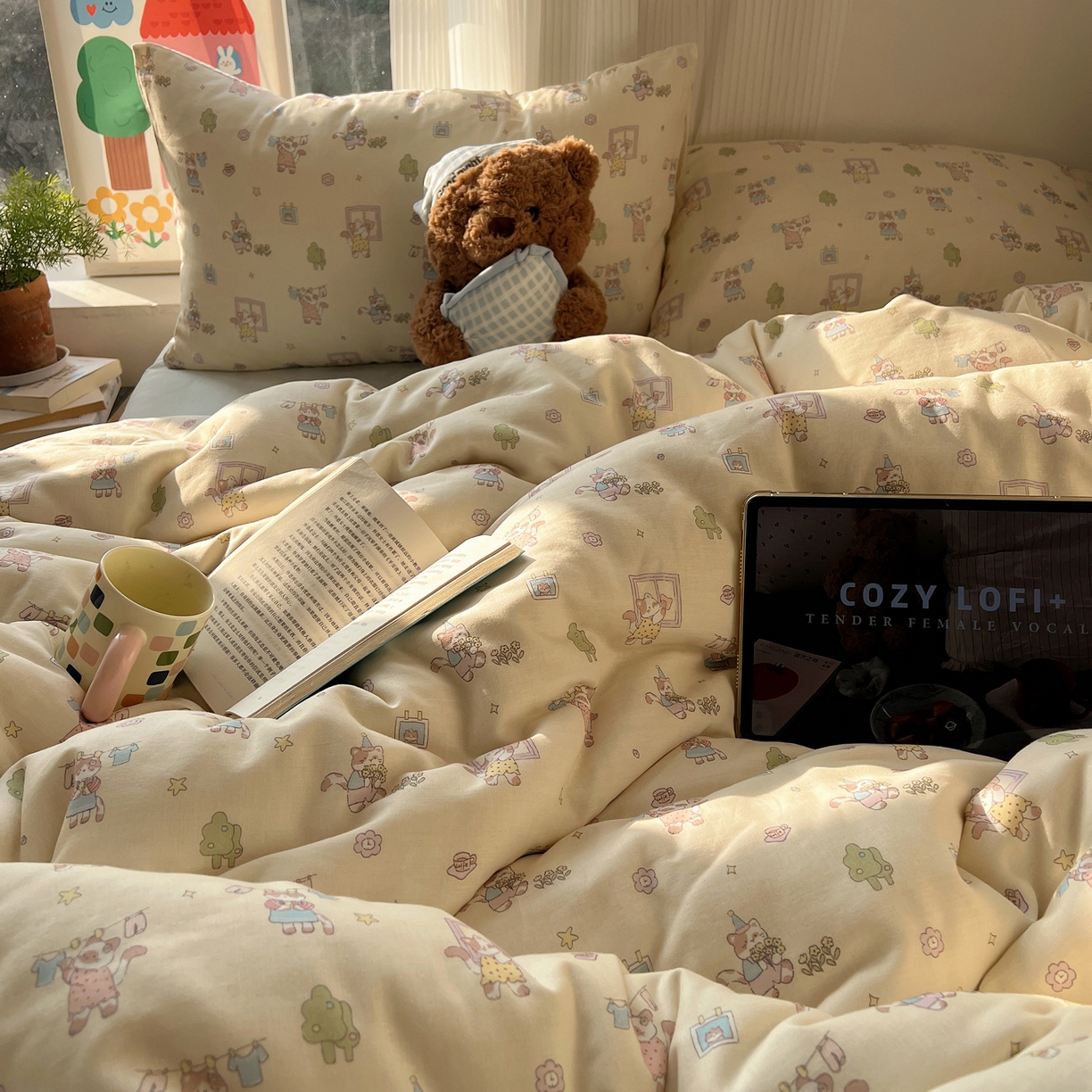 91家纺网 家纺一手货源 找家纺 六巷胡同 2026新款INS博主风卡通A类全棉双层纱四件套 双层纱-达奇家政喵