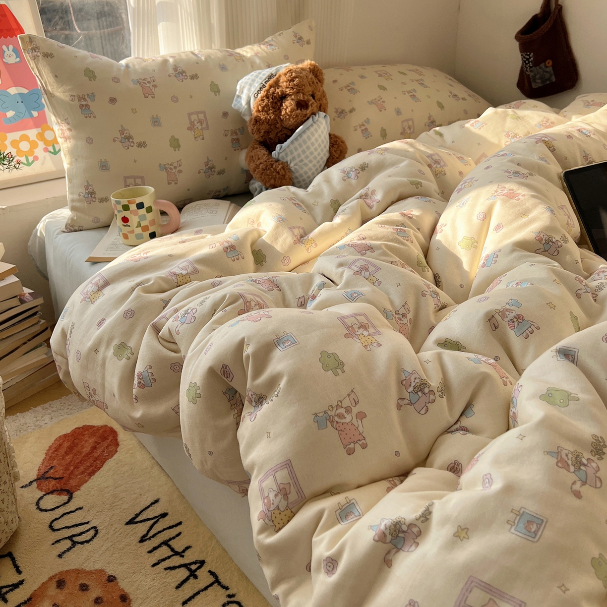 91家纺网 家纺一手货源 找家纺 六巷胡同 2026新款INS博主风卡通A类全棉双层纱四件套 双层纱-达奇家政喵