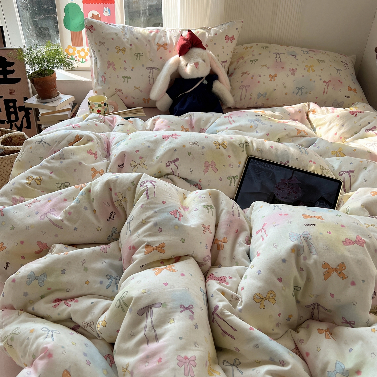 91家纺网 家纺一手货源 找家纺 六巷胡同 2026新款INS博主风卡通A类全棉双层纱四件套 双层纱-元气蝴蝶结