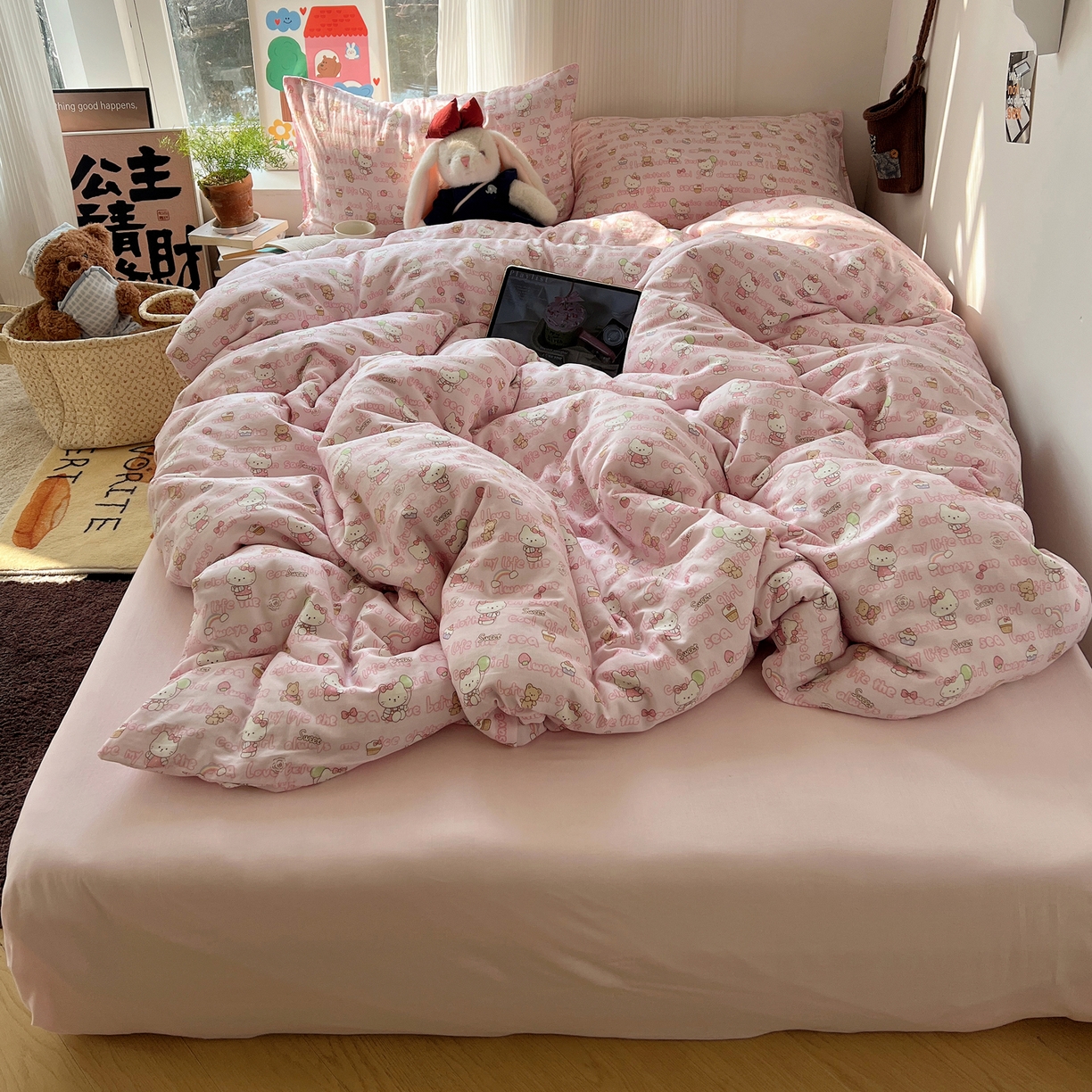 91家纺网 家纺一手货源 找家纺 六巷胡同 2026新款INS博主风卡通A类全棉双层纱四件套 双层纱-甜心童话猫