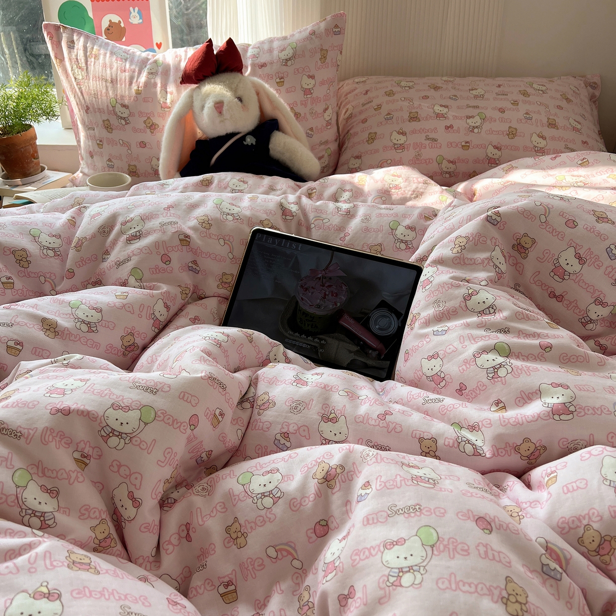 91家纺网 家纺一手货源 找家纺 六巷胡同 2026新款INS博主风卡通A类全棉双层纱四件套 双层纱-甜心童话猫