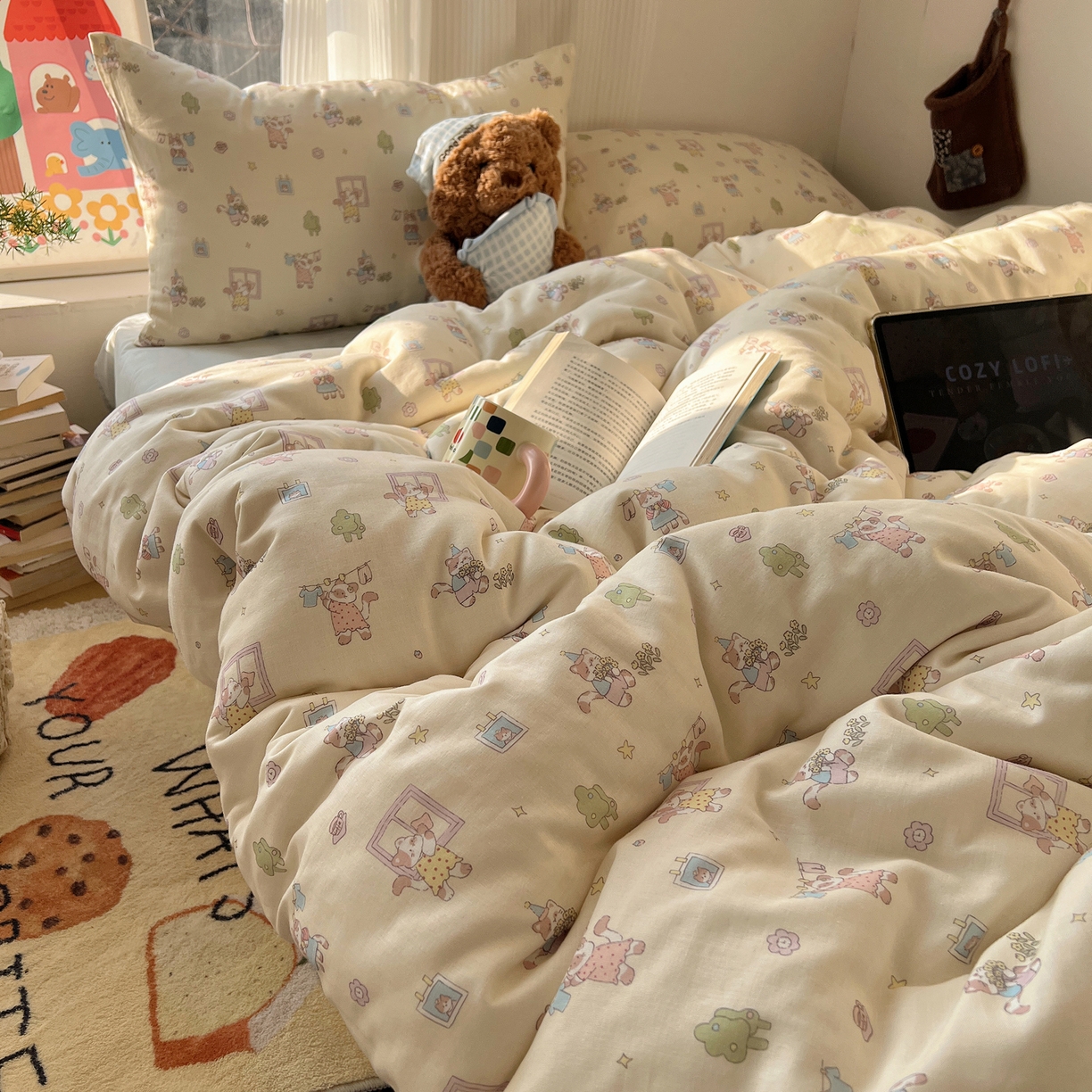 91家纺网 家纺一手货源 找家纺 六巷胡同 2026新款INS博主风卡通A类全棉双层纱四件套 双层纱-达奇家政喵