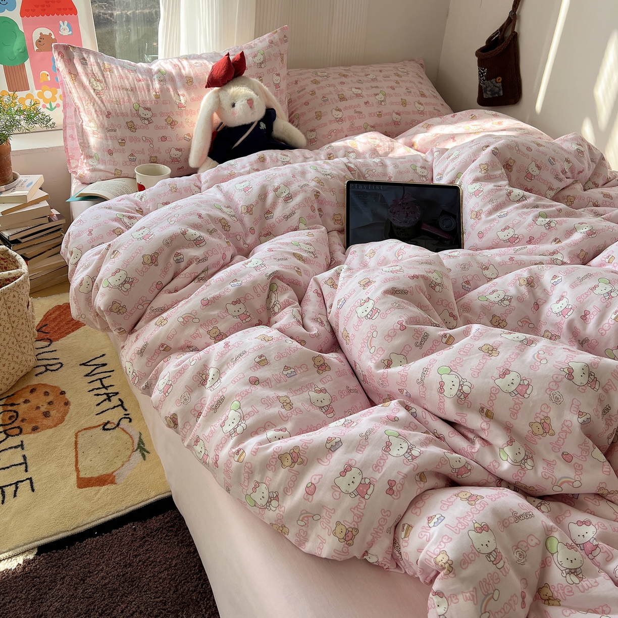 91家纺网 家纺一手货源 找家纺 六巷胡同 2026新款INS博主风卡通A类全棉双层纱四件套 双层纱-甜心童话猫