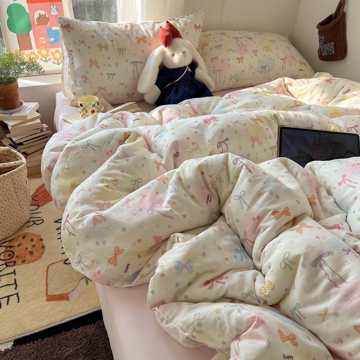 91家纺网 家纺一手货源 找家纺 六巷胡同 2026新款INS博主风卡通A类全棉双层纱四件套 双层纱-元气蝴蝶结