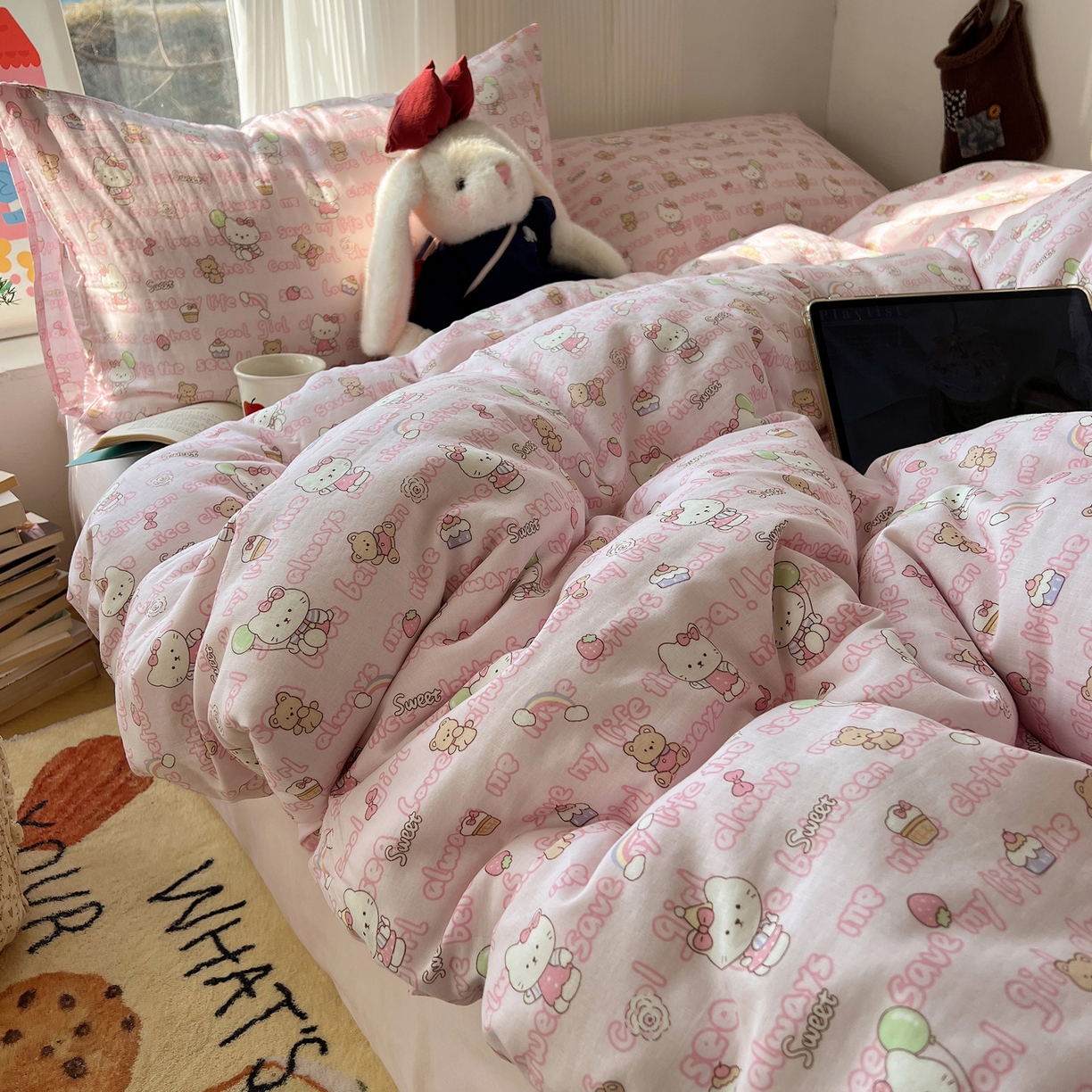 91家纺网 家纺一手货源 找家纺 六巷胡同 2026新款INS博主风卡通A类全棉双层纱四件套 双层纱-甜心童话猫