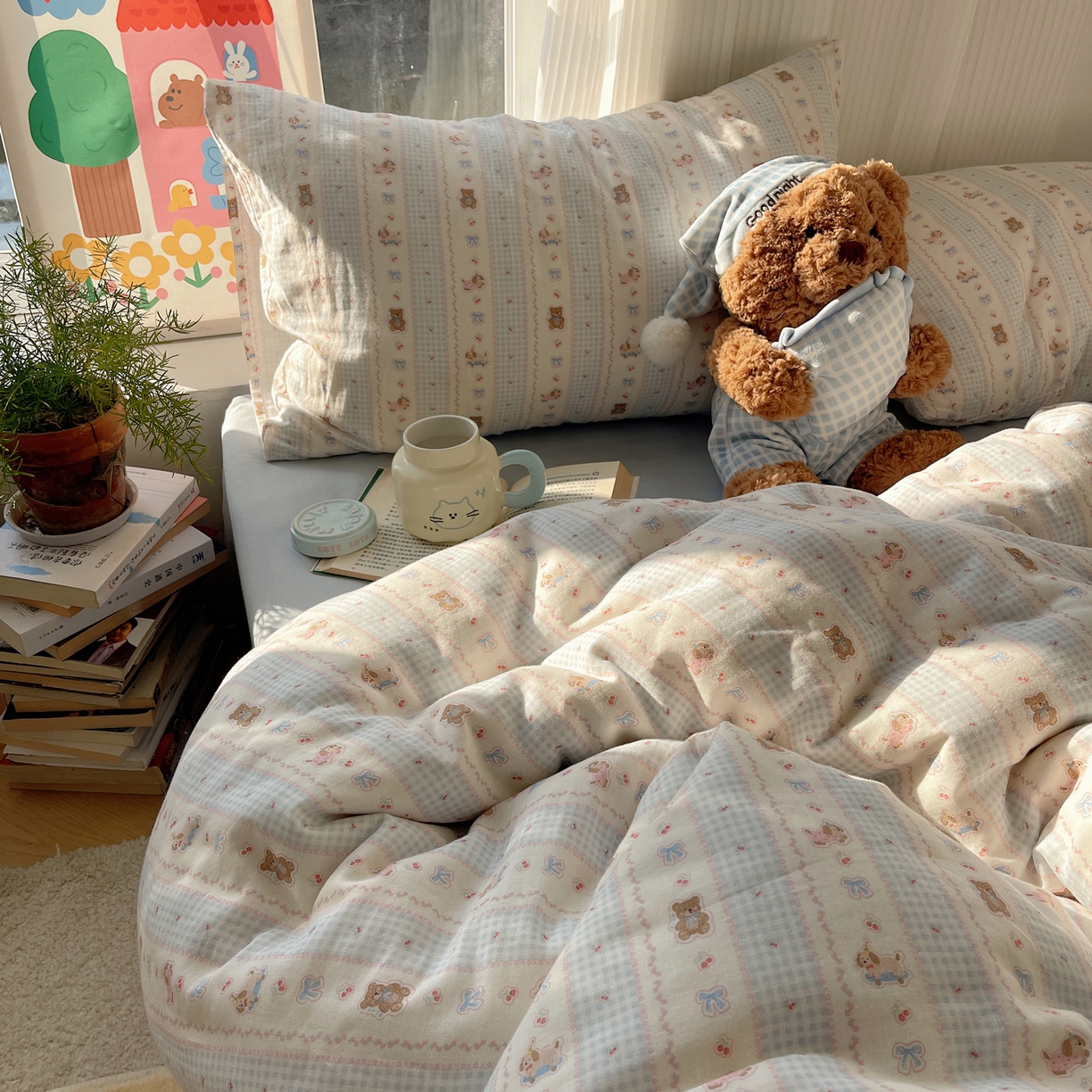 91家纺网 家纺一手货源 找家纺 六巷胡同 2026新款INS博主风卡通A类全棉双层纱四件套 双层纱-海盐樱桃熊
