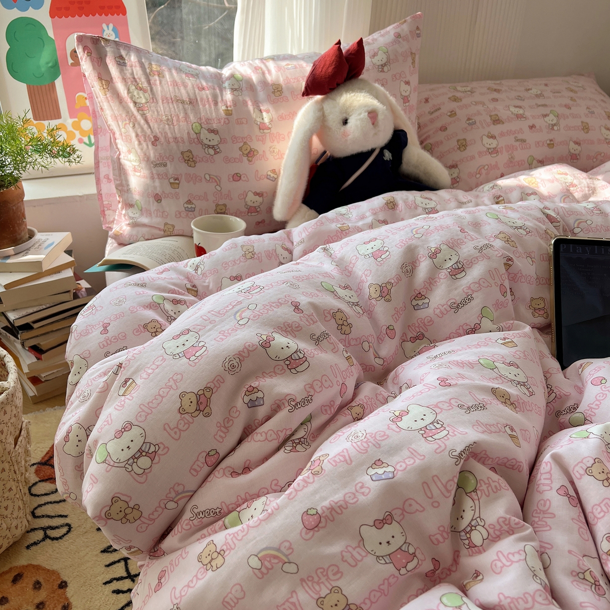 91家纺网 家纺一手货源 找家纺 六巷胡同 2026新款INS博主风卡通A类全棉双层纱四件套 双层纱-甜心童话猫