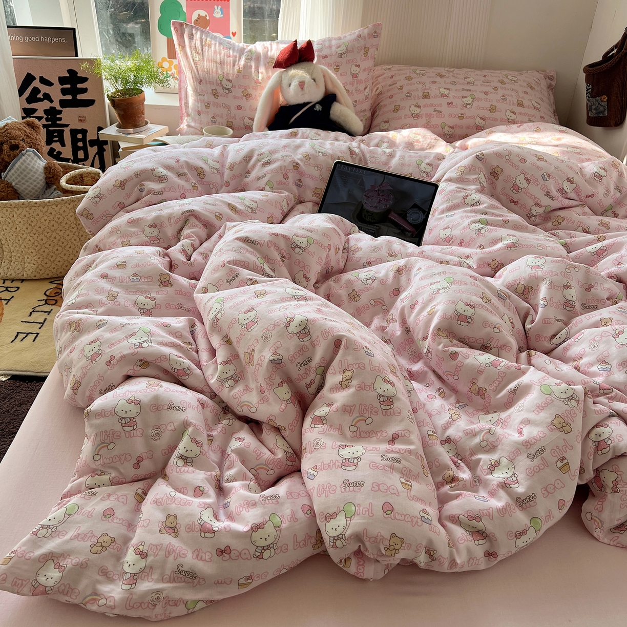 91家纺网 家纺一手货源 找家纺 六巷胡同 2026新款INS博主风卡通A类全棉双层纱四件套 双层纱-甜心童话猫