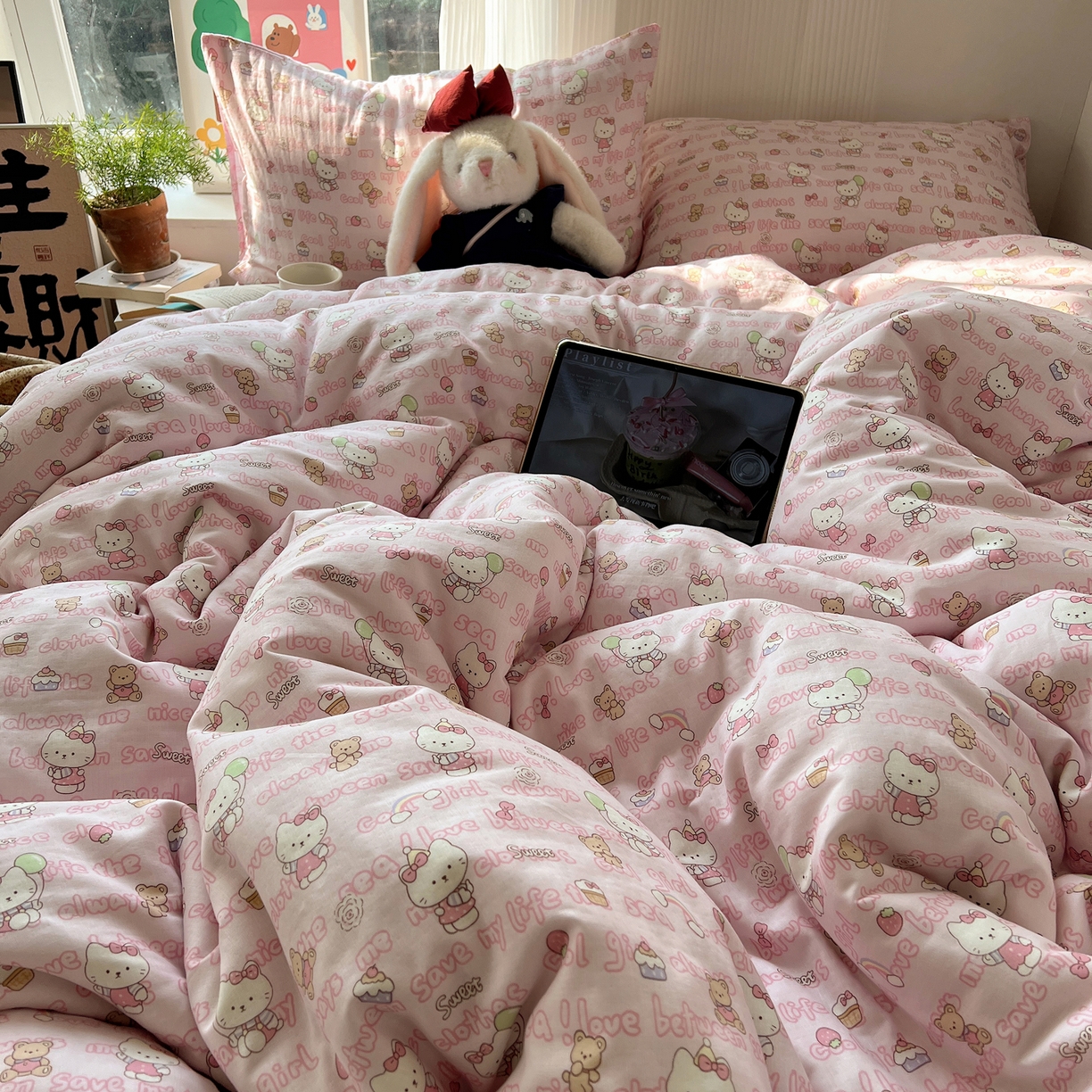 91家纺网 家纺一手货源 找家纺 六巷胡同 2026新款INS博主风卡通A类全棉双层纱四件套 双层纱-甜心童话猫