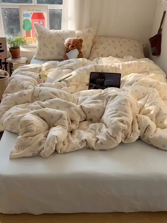 91家纺网 家纺一手货源 找家纺 六巷胡同 2026新款INS博主风卡通A类全棉双层纱四件套 双层纱-达奇家政喵