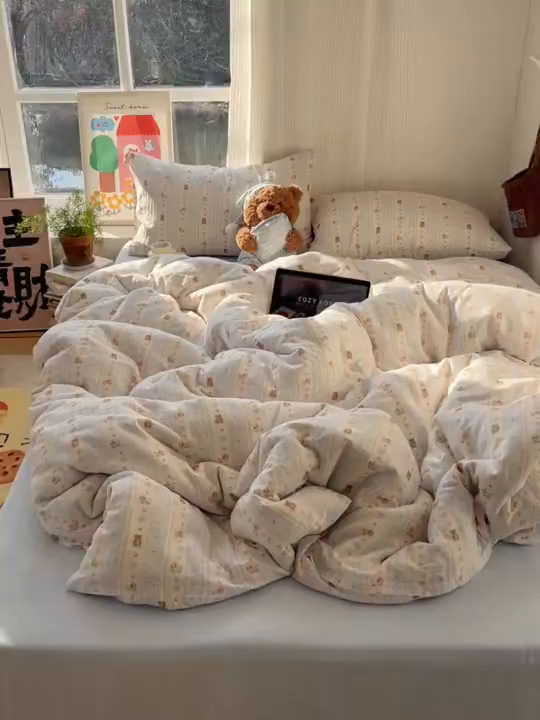 91家纺网 家纺一手货源 找家纺 （总）六巷胡同 2026新款INS博主风卡通A类全棉双层纱四件套