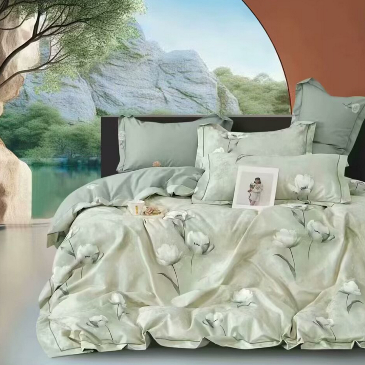 未来家居 2025新款金凯丽数码大提花印花长绒棉四件套 云裳芙蓉-绿