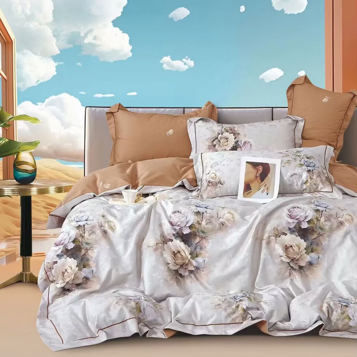 未来家居 2025新款金凯丽数码大提花印花长绒棉四件套 雨露-灰