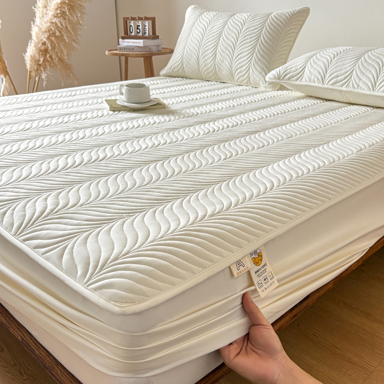 居眠 2026新款叶链夹棉防水床笠 叶链-米白