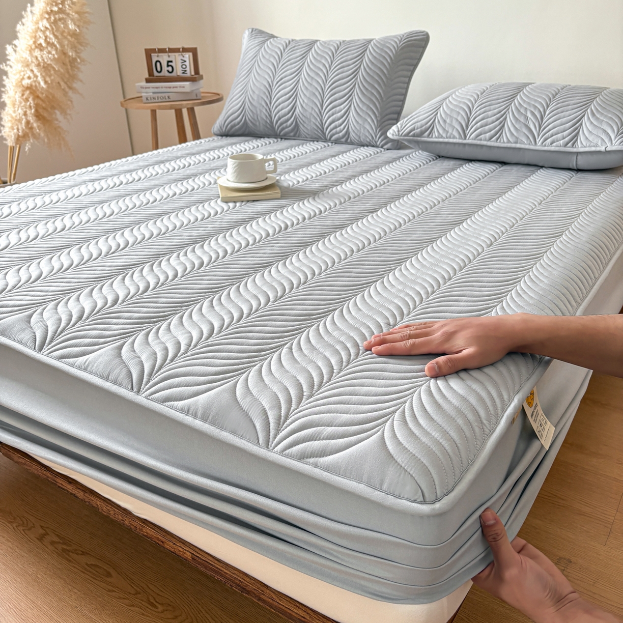 91家纺网 家纺一手货源 找家纺 居眠 2026新款叶链夹棉防水床笠 叶链-白云石