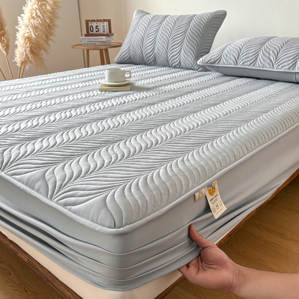 居眠 2026新款叶链夹棉防水床笠 叶链-白云石