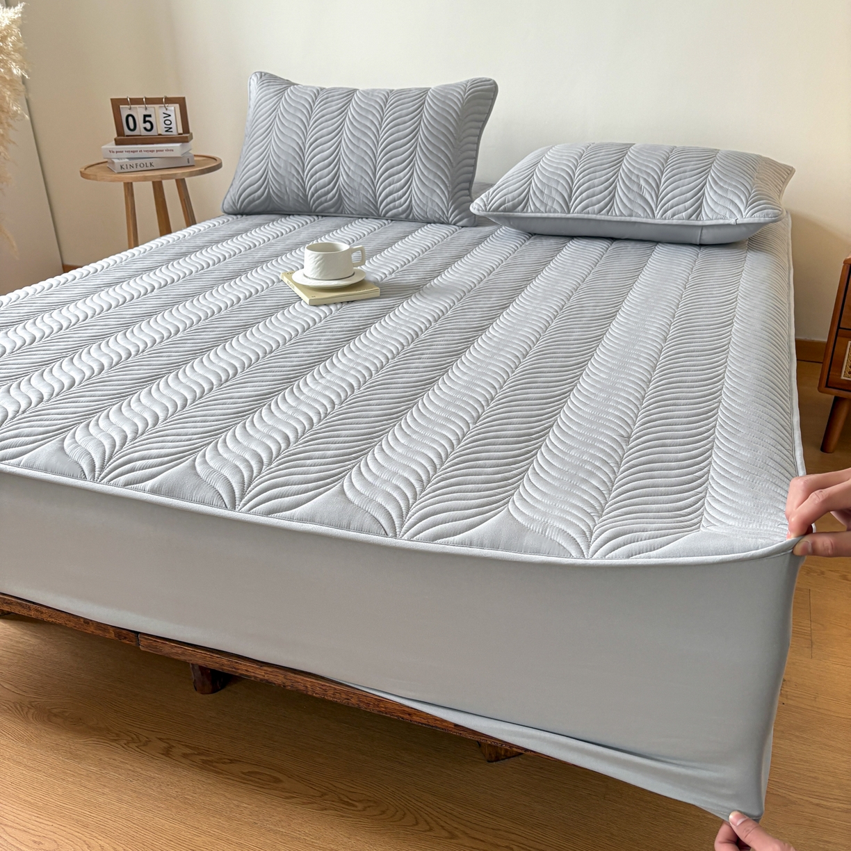 91家纺网 家纺一手货源 找家纺 居眠 2026新款叶链夹棉防水床笠 叶链-白云石