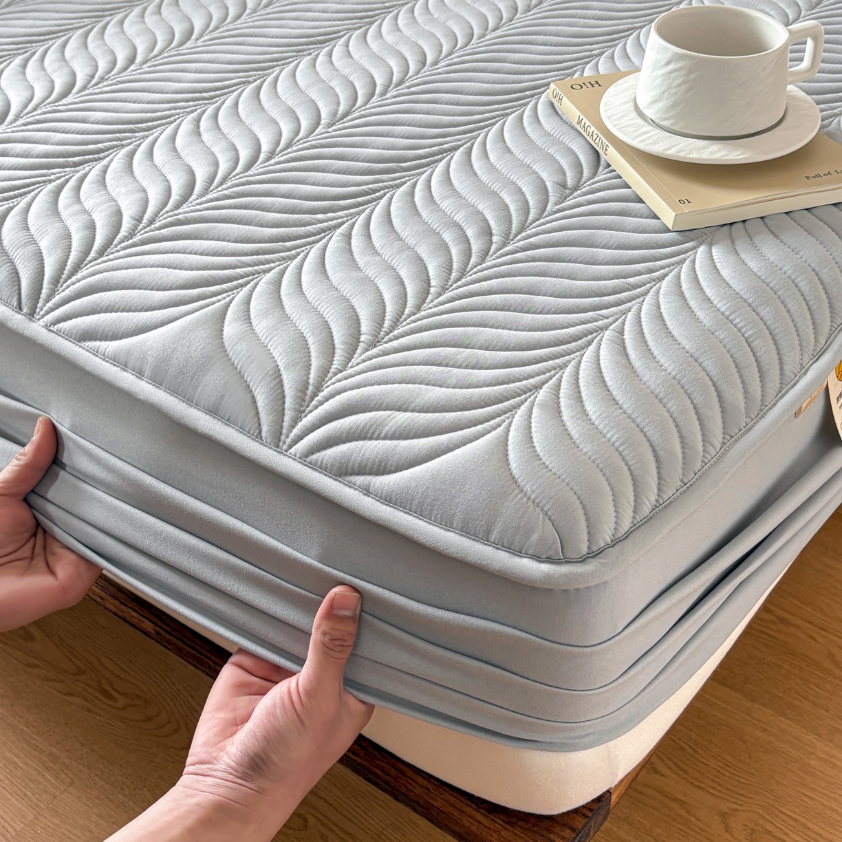 91家纺网 家纺一手货源 找家纺 居眠 2026新款叶链夹棉防水床笠 叶链-白云石