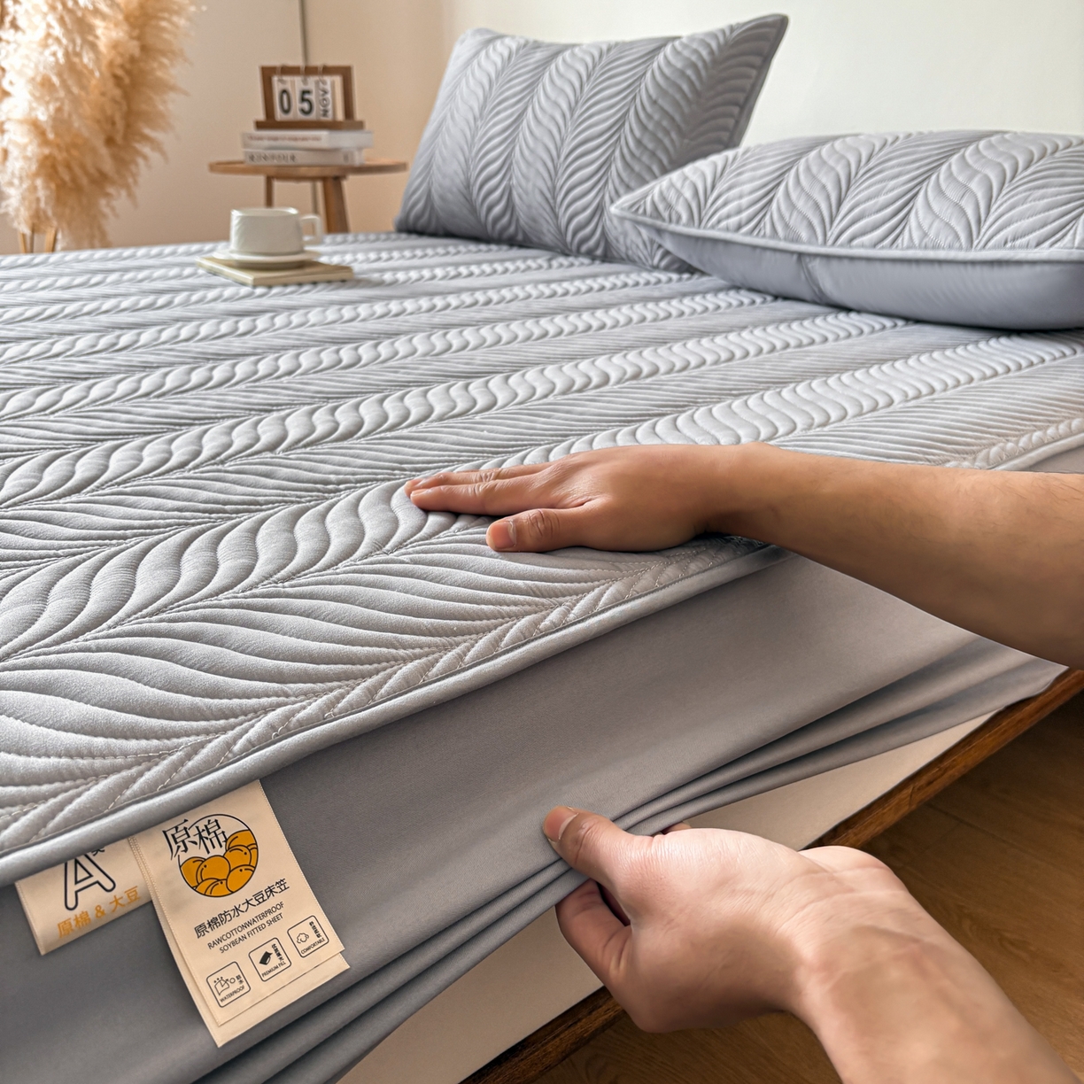 91家纺网 家纺一手货源 找家纺 居眠 2026新款叶链夹棉防水床笠 叶链-灰色